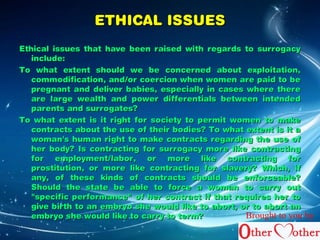 EETTHHIICCAALL IISSSSUUEESS 
EEtthhiiccaall iissssuueess tthhaatt hhaavvee bbeeeenn rraaiisseedd wwiitthh rreeggaarrddss ttoo ssuurrrrooggaaccyy 
iinncclluuddee:: 
TToo wwhhaatt eexxtteenntt sshhoouulldd wwee bbee ccoonncceerrnneedd aabboouutt eexxppllooiittaattiioonn,, 
ccoommmmooddiiffiiccaattiioonn,, aanndd//oorr ccooeerrcciioonn wwhheenn wwoommeenn aarree ppaaiidd ttoo bbee 
pprreeggnnaanntt aanndd ddeelliivveerr bbaabbiieess,, eessppeecciiaallllyy iinn ccaasseess wwhheerree tthheerree 
aarree llaarrggee wweeaalltthh aanndd ppoowweerr ddiiffffeerreennttiiaallss bbeettwweeeenn iinntteennddeedd 
ppaarreennttss aanndd ssuurrrrooggaatteess?? 
TToo wwhhaatt eexxtteenntt iiss iitt rriigghhtt ffoorr ssoocciieettyy ttoo ppeerrmmiitt wwoommeenn ttoo mmaakkee 
ccoonnttrraaccttss aabboouutt tthhee uussee ooff tthheeiirr bbooddiieess?? TToo wwhhaatt eexxtteenntt iiss iitt aa 
wwoommaann''ss hhuummaann rriigghhtt ttoo mmaakkee ccoonnttrraaccttss rreeggaarrddiinngg tthhee uussee ooff 
hheerr bbooddyy?? IIss ccoonnttrraaccttiinngg ffoorr ssuurrrrooggaaccyy mmoorree lliikkee ccoonnttrraaccttiinngg 
ffoorr eemmppllooyymmeenntt//llaabboorr,, oorr mmoorree lliikkee ccoonnttrraaccttiinngg ffoorr 
pprroossttiittuuttiioonn,, oorr mmoorree lliikkee ccoonnttrraaccttiinngg ffoorr ssllaavveerryy?? WWhhiicchh,, iiff 
aannyy,, ooff tthheessee kkiinnddss ooff ccoonnttrraaccttss sshhoouulldd bbee eennffoorrcceeaabbllee?? 
SShhoouulldd tthhee ssttaattee bbee aabbllee ttoo ffoorrccee aa wwoommaann ttoo ccaarrrryy oouutt 
""ssppeecciiffiicc ppeerrffoorrmmaannccee"" ooff hheerr ccoonnttrraacctt iiff tthhaatt rreeqquuiirreess hheerr ttoo 
ggiivvee bbiirrtthh ttoo aann eemmbbrryyoo sshhee wwoouulldd lliikkee ttoo aabboorrtt,, oorr ttoo aabboorrtt aann 
eemmbbrryyoo sshhee wwoouulldd lliikkee ttoo ccaarrrryy ttoo tteerrmm?? Brought to you by 
 