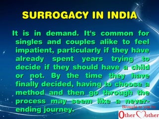 SSUURRRROOGGAACCYY IINN IINNDDIIAA 
IItt iiss iinn ddeemmaanndd.. IItt''ss ccoommmmoonn ffoorr 
ssiinngglleess aanndd ccoouupplleess aalliikkee ttoo ffeeeell 
iimmppaattiieenntt, ppaarrttiiccuullaarrllyy iiff tthheeyy hhaavvee 
aallrreeaaddyy ssppeenntt yyeeaarrss ttrryyiinngg ttoo 
ddeecciiddee iiff tthheeyy sshhoouulldd hhaavvee aa cchhiilldd 
oorr nnoott.. BByy tthhee ttiimmee tthheeyy hhaavvee 
ffiinnaallllyy ddeecciiddeedd, hhaavviinngg ttoo cchhoooossee aa 
mmeetthhoodd aanndd tthheenn ggoo tthhrroouugghh tthhee 
pprroocceessss mmaayy sseeeemm lliikkee aa nneevveerr-- 
eennddiinngg jjoouurrnneeyy.. Brought to you by 
 