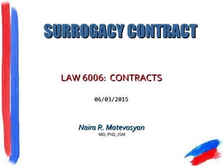 SURROGACY CONTRACTSURROGACY CONTRACT
LAWLAW 60066006: CONTRACTS: CONTRACTS
06/03/201506/03/2015
Naira R. MatevosyanNaira R. Matevosyan
MD, PhD, JSMMD, PhD, JSM
 