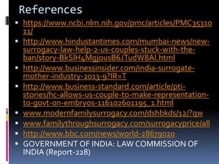 References
 https://www.ncbi.nlm.nih.gov/pmc/articles/PMC35310
11/
 http://www.hindustantimes.com/mumbai-news/new-
surrogacy-law-help-2-us-couples-stuck-with-the-
ban/story-BkSlH4MgjousB6JTudW8AI.html
 http://www.businessinsider.com/india-surrogate-
mother-industry-2013-9?IR=T
 http://www.business-standard.com/article/pti-
stories/hc-allows-us-couple-to-make-representation-
to-govt-on-embryos-116102601195_1.html
 www.modernfamilysurrogacy.com/dshbkds/12/?qw
 www.familythroughsurrogacy.com/surrogacyprice/all
 http://www.bbc.com/news/world-28679020
 GOVERNMENT OF INDIA: LAW COMMISSION OF
INDIA (Report-228)
 
