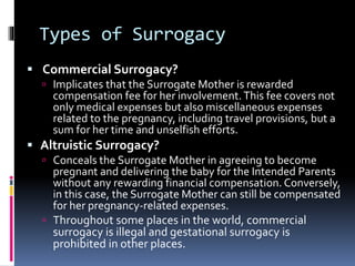 Types of Surrogacy
 Commercial Surrogacy?
 Implicates that the Surrogate Mother is rewarded
compensation fee for her involvement. This fee covers not
only medical expenses but also miscellaneous expenses
related to the pregnancy, including travel provisions, but a
sum for her time and unselfish efforts.
 Altruistic Surrogacy?
 Conceals the Surrogate Mother in agreeing to become
pregnant and delivering the baby for the Intended Parents
without any rewarding financial compensation. Conversely,
in this case, the Surrogate Mother can still be compensated
for her pregnancy-related expenses.
 Throughout some places in the world, commercial
surrogacy is illegal and gestational surrogacy is
prohibited in other places.
 
