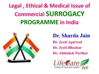 Legal , Ethical & Medical Issue of 
Commercial SURROGACY 
PROGRAMME in India 
Dr. Sharda Jain 
Dr. Jyoti Agarwal 
Dr. Jyoti Bhaskar 
Dr. Abhishek Parihar 
 