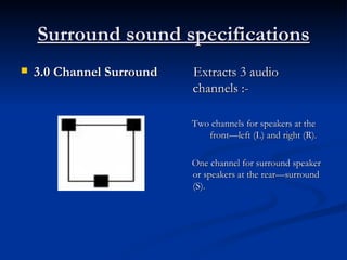 Surround sound specifications 3.0 Channel Surround Extracts 3 audio  channels :- Two channels for speakers at the  front—left (L) and right (R).  One channel for surround speaker or speakers at the rear—surround (S).  
