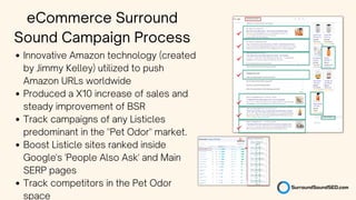 Innovative Amazon technology (created
by Jimmy Kelley) utilized to push
Amazon URLs worldwide
Produced a X10 increase of sales and
steady improvement of BSR
Track campaigns of any Listicles
predominant in the "Pet Odor" market.
Boost Listicle sites ranked inside
Google's 'People Also Ask' and Main
SERP pages
Track competitors in the Pet Odor
space
eCommerce Surround
Sound Campaign Process
 