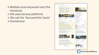 Multiple local keywords have this
monopoly.
We used several platforms
We call this "Surround the Camp"
Soundcloud
 