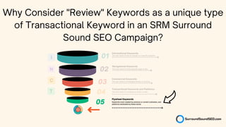 Why Consider "Review" Keywords as a unique type
of Transactional Keyword in an SRM Surround
Sound SEO Campaign?
05 Keywords most created by previous or current customers, and
platforms dominated by these words.
Flywheel Keywords
04 The user wants to complete an action or sale.
Transactional Keywords and Platforms
The user wants to find an answer to a specific question.
01
The user wants to find a specific page or site.
Informational Keywords
Navigational Keywords
02
03
Commercial Keywords
The user wants to investigate brands or services.
 