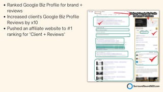 Ranked Google Biz Profile for brand +
reviews
Increased client's Google Biz Profile
Reviews by x10
Pushed an affiliate website to #1
ranking for "Client + Reviews"
 