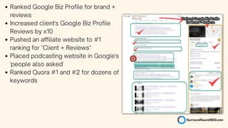 Ranked Google Biz Profile for brand +
reviews
Increased client's Google Biz Profile
Reviews by x10
Pushed an affiliate website to #1
ranking for "Client + Reviews"
Placed podcasting website in Google's
'people also asked'
Ranked Quora #1 and #2 for dozens of
keywords
 