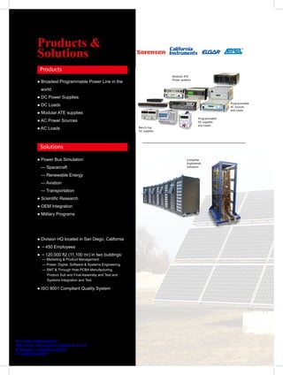 Products &
           Solutions
             Products
                                                                               Modular ATE
                                                                               Power systems
           ● Broadest Programmable Power Line in the
             world
           ● DC Power Supplies
                                                                                                               Programmable
           ● DC Loads                                                                                          AC sources
                                                                                                               and Loads
           ● Modular ATE supplies
                                                                                                Programmable
           ● AC Power Sources                                                                   DC supplies
                                                                                                and Loads
           ● AC Loads                                            Bench-top
                                                                 DC supplies




             Solutions

           ● Power Bus Simulation                                                        Complete
                                                                                         Engineered
             — Spacecraft                                                                Solutions


             — Renewable Energy
             — Aviation
             — Transportation
           ● Scientific Research
           ● OEM Integration
           ● Military Programs




           ● Division HQ located in San Diego, California
           ● ～450 Employees
           ● ～120,000 ft2 (11,100 m2) in two buildings:
              — Marketing & Product Management
              — Power, Digital, Software & Systems Engineering
              — SMT & Through Hole PCBA Manufacturing,
                Product Sub and Final Assembly and Test and
                Systems Integration and Test

           ● ISO 9001 Compliant Quality System




For more information:
Electronic Enterprises (India) Pvt Ltd
R Suman, rsuman@eeipl.in
+91-40-23243352
 