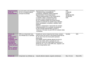 departamentele 
de CD ale 
intreprinderilor 
sau mici pentru care activitatea 
de CD nu constituie obiectul 
principal de activitate 
departamentelor CD ale intreprinderilor 
- Extinderea (si/sau supraetajarea), 
consolidarea, reabilitarea cladirilor destinate 
departamentelor CD ale intreprinderilor 
- Dotarea deparamentelor CD ale intreprinderilor 
cu instalatii, utilaje si echipamente pentru 
cercetare si active necorporale pentru CD. 
Nu vor fi finantate proiecte care prevad exclusiv 
activitati de constructie de noicladiri si/sau extindere 
(si/sau supraetajare), consolidare, reabilitare cladiri 
existente. 
Dotarea cu echipamente si instrumente de cercetare 
a departamentelor CD si a activelor necorporale de 
CD este activitate OBLIGATORIE pe proiect si 
trebuie sa ii fie alocat cel putin 60% din valoarea totala 
a proiectului 
RON 
(1.000.000 
EUR) si 
90.000.000 RON 
(20.000.000 
EUR). 
Scheme de 
ajutor 
de stat pentru 
sprijinirea 
investitiilor care 
promoveaza 
dezvoltarea 
regionala prin 
crearea de locuri 
de 
munca, conform 
H.G. nr.332/20 
IMM-uri si intreprinderi mari, 
nou-infiintate sau cu activitate 
Investitii prin care se creaza locuri de munca, numarul 
minim de locuri de munca in cazul fiecarei locatii fiind de 
20, din care 3 locuri de munca pentru persoane 
defavorizate. 
Sunt eligibile costurile salariale aferente locurilor de 
munca nou-create, pentru o perioada de 2 ani. 
Locurile de munca nou-create trebuie mentinute pe o 
perioda de min. 3 ani in cazul IMM-urilor, respectiv 5 ani 
in cazul intreprinderilor mari. 
Variabila 50% 
Schema de Intreprinderi nou-infiintate sau Costurile aferente realizarii, respectiv achizitionarii, Max. 37,5 mil. Minim 50% 
 