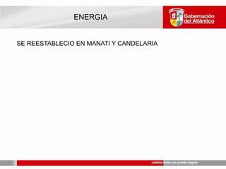 REQUERIMIENTOSAGUA POTABLE PARA LOS ALBERGUES Y AREAS NO EVACUADASPLANTAS MOVILES PARA POTABILIZAR AGUASEGURIDAD Y ORDEN PUBLICOSERVICIOS PUBLICOSTRANSPORTE PARA EVACUACION: CAMIONES, LANCHASMAQUINARIA PESADA. MEDIDAS DE CONDONACIÓN DE DEUDAS A CAMPESINOS.PERSONAL MEDICO PERMANENTEUNIDADES MEDICAS MOVILESAMBULANCIASLANCHA AMBULANCIA
