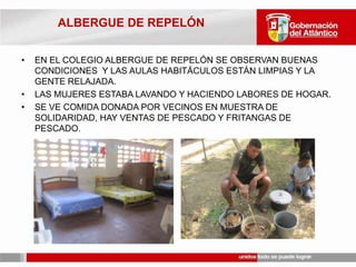 ACUEDUCTO:REESTABLECIO EL SERVICIO  REPELON CAPTACION ALTERNA DESDE UN DISTRITO DE RIEGO Y SUAN, SE COLOCO LA ENERGIA.  ALCANTARILLADO: SUAN HACER BOMBEOS DE LA TRIPLA A. EL LUNES SE INSTALAN 2 DE LA GOBERNACION.MANATI Y CANDELARIA: POR  CARROTANQUES EJECITO, DEFENSA CIVIL, POLICIA,  BOMBREROS, TRIPLE A  Y SECTOR PRIVADO HOY SE INSTALA 6000 LTS/HR DE LA GOBERNACION INSTALADA  DE LA CRUZ ROJA DE 6000 LTS/HR.LA FUNDACION DE SHAKIRA: 6 PLANTAS DE 6000 LTS HR. LLEGAN LA PROXIMA SEMANA . PARA CANDELARIA