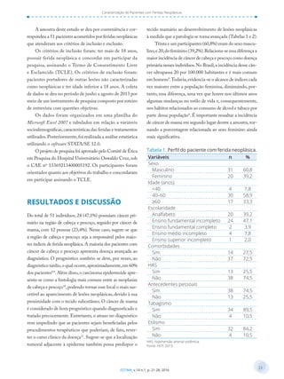 23
ESTIMA, v.14 n.1, p. 21-28, 2016
Caracterização de Pacientes com Feridas Neoplásicas
A amostra deste estudo se deu por conveniência e cor-
respondeu a 51 pacientes acometidos por feridas neoplásicas
que atenderam aos critérios de inclusão e exclusão.
Os critérios de inclusão foram: ter mais de 18 anos,
possuir ferida neoplásica e concordar em participar da
pesquisa, assinando o Termo de Consentimento Livre
e Esclarecido (TCLE). Os critérios de exclusão foram:
pacientes portadores de outras lesões não caracterizadas
como neoplásicas e ter idade inferior a 18 anos. A coleta
de dados se deu no período de junho a agosto de 2013 por
meio de um instrumento de pesquisa composto por roteiro
de entrevista com questões objetivas.
Os dados foram organizados em uma planilha do
Microsoft Excel 2007 e tabulados em relação a variáveis
sociodemográficas,características das feridas e tratamentos
utilizados.Posteriormente,foi realizada a análise estatística
utilizando o software STATA/SE 12.0.
O projeto de pesquisa foi aprovado pelo Comitê de Ética
em Pesquisa do Hospital Universitário Oswaldo Cruz, sob
o CAE nº 13369213400005192. Os participantes foram
orientados quanto aos objetivos do trabalho e concordaram
em participar assinando o TCLE.
RESULTADOS E DISCUSSÃO
Do total de 51 indivíduos, 24 (47,1%) possuíam câncer pri-
mário na região de cabeça e pescoço, seguido por câncer de
mama, com 12 pessoas (23,4%). Nesse caso, sugere-se que
a região de cabeça e pescoço seja a responsável pelos maio-
res índices de ferida neoplásica.A maioria dos pacientes com
câncer de cabeça e pescoço apresenta doença avançada ao
diagnóstico. O prognóstico sombrio se deve, por vezes, ao
diagnóstico tardio,o qual ocorre,aproximadamente,em 60%
dos pacientes8,9
.Além disso,o carcinoma epidermoide apre-
senta-se como a histologia mais comum entre as neoplasias
de cabeça e pescoço10
,podendo tornar esse local o mais sus-
cetível ao aparecimento de lesões neoplásicas, devido à sua
proximidade com o tecido subcutâneo. O câncer de mama
é considerado de bom prognóstico quando diagnosticado e
tratado precocemente. Entretanto, o atraso no diagnóstico
vem impedindo que as pacientes sejam beneficiadas pelos
procedimentos terapêuticos que poderiam, de fato, rever-
ter o curso clínico da doença11
. Sugere-se que a localização
tumoral adjacente à epiderme também possa predispor o
tecido mamário ao desenvolvimento de lesões neoplásicas
à medida que a patologia se torna avançada (Tabelas 1 e 2).
Trinta e um participantes (60,8%) eram do sexo mascu-
lino,e 20,do feminino (39,2%).Relaciona-se essa diferença a
maior incidência de câncer de cabeça e pescoço como doença
primária nesses indivíduos.No Brasil,a incidência desse cân-
cer ultrapassa 20 por 100.000 habitantes e é mais comum
em homens9
.Todavia,evidencia-se o alcance de índices cada
vez maiores entre a população feminina, diminuindo, por-
tanto, essa diferença, uma vez que houve nos últimos anos
algumas mudanças no estilo de vida e, consequentemente,
nos hábitos relacionados ao consumo de álcool e tabaco por
parte dessa população8
. É importante ressaltar a incidência
de câncer de mama em segundo lugar dentre a amostra,tor-
nando a porcentagem relacionada ao sexo feminino ainda
mais significativa.
Variáveis n %
Sexo
Masculino 31 60,8
Feminino 20 39,2
Idade (anos)
<40 4 7,8
40–60 30 58,9
≥60 17 33,3
Escolaridade
Analfabeto 20 39,2
Ensino fundamental incompleto 24 47,1
Ensino fundamental completo 2 3,9
Ensino médio incompleto 4 7,8
Ensino superior incompleto 1 2,0
Comorbidades
Sim 14 27,5
Não 37 72,5
HAS
Sim 13 25,5
Não 38 74,5
Antecedentes pessoais
Sim 38 74,5
Não 13 25,5
Tabagismo
Sim 34 89,5
Não 4 10,5
Etilismo
Sim 32 84,2
Não 4 10,5
Tabela 1. Perﬁl do paciente com ferida neoplásica.
HAS: hipertensão arterial sistêmica.
Fonte: HCP, 2013.
 