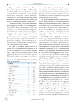 24
24
ESTIMA, v.14 n.1, p. 21-28, 2016
Lisboa IND, Valença MP
Houve uma incidência maior de ferida neoplásica na
faixa etária entre 40 e 60 anos de idade.Isso reflete também
a incidência geral do acometimento do câncer no estudo em
questão,tendo em vista o fato de serem patologias presentes
em faixas etárias mais avançadas.Evidências epidemiológi-
cas mostram que a incidência do câncer de cabeça e pescoço
aumenta com a idade, assim como o câncer de mama, que
tem maior acometimento em mulheres acima de 50 anos8-11
.
No quesito escolaridade,a maioria das pessoas possuía o
ensino fundamental incompleto (47,1%),seguida por anal-
fabetos (39,2%). Deduz-se que a baixa escolaridade reflete
diretamente no acometimento da ferida neoplásica, visto
que o paciente mais instruído tem melhores condições de
esclarecimento quanto ao tratamento adequado. O baixo
nível de instrução dos pacientes pode levar a um atraso na
percepção da doença e na procura por assistência médica
e, consequentemente, para o diagnóstico, diminuindo suas
possibilidades terapêuticas9
. A ferida tumoral surge em pro-
cessosavançadosdecarcinogênese,tendo,assim,forteassociação
com o conhecimento deficiente do paciente.
Em relação aos antecedentes pessoais, do total de 51
pessoas,38 (74,5%) possuíam algum precedente.Dos 38,34
(89,5%) eram tabagistas, e 32 (84,2%), etilistas. Esse dado
reflete a suma relevância do consumo de tabaco e de álcool
sobre a incidência do câncer.Além disso,sugere-se que tais
hábitos também sejam determinantes para o desenvolvimento
e a progressão da ferida neoplásica.Sendo a cabeça e o pes-
coço as regiões de maior incidência neoplásica nesta pes-
quisa, é importante ressaltar que o álcool e o tabaco são os
principais fatores de risco para o acometimento desse cân-
cer10
.Além disso,o etilismo é um fator de risco importante
no surgimento do câncer de mama11
.
Das 51 pessoas entrevistadas,apenas 14 possuíam comor-
bidades.Desse contingente,13 (25,5%) eram hipertensos e
apenas 1 indivíduo possuía diabetes mellitus. A ausência de
comorbidades no paciente com ferida neoplásica nos chama
a atenção,pois o câncer,apesar de ser uma doença que com-
promete e debilita o paciente das mais variadas formas,nem
sempre se encontra associado a outras doenças, sejam elas
transmissíveis ou não, como diabetes mellitus, hipertensão
arterial e doenças virais.
Do total de 51 pacientes, 32 (62,7%) já tinham sido sub-
metidos a alguma terapia antineoplásica. Desse quantitativo,
24 (75%) realizaram quimioterapia em algum momento,
20 (62,5%) passaram por radioterapia,e 13 (40,6%),por cirur-
gia. O câncer, em sua fase inicial, pode ser controlado e/ou
curado por meio do tratamento cirúrgico, quando este for
o tratamento indicado para o caso11
. Considerando essas
informações,sugere-se que grande parte dos pacientes já chega
ao serviço médico em estágio avançado, fazendo-se necessá-
ria a associação com outras modalidades, como quimioterapia
sistêmica ou radioterapia. Salienta-se aqui a porcentagem sig-
nificativa de pacientes (37,3%) que chegaram ao serviço com
lesão sem o passado de terapêutica antineoplásica,reforçando o
pensamento de que o paciente,em seu primeiro contato com o
serviço,já se encontra em estágios avançados.A radioterapia e a
quimioterapiatambémpodemserutilizadasnaferidaneoplásica
paracontroledoexsudatoedosangramento,reduzindootumor
e diminuindo a dor5
. Contudo, a lesão continuará a se desen-
volver até que algum tratamento oncológico seja empreendido
comsucesso.Issoimplicadizerquetambémpodemexistirindi-
víduosnaamostraquerealizaramterapêuticaquimioterápicaou
radioterápica,porém com fins apenas paliativos (Tabelas 3 e 4).
Em relação à localização da lesão, das 51 pessoas,
27 (52,8%) tinham lesão na região de cabeça e pescoço,
seguida por região da mama, com 10 pessoas (19,6%).
As lesões neoplásicas podem surgir por extensão do
tumor primário, por uma metástase, implantação aci-
dental de células na pele durante um procedimento
cirúrgico ou diagnóstico; além disso, também podem
ocorrer por invasão de linfonodos próximos ao tumor
primário5
. Conclui-se que a ferida neoplásica pouco
Variáveis n %
Câncer primário
Cabeça e pescoço 24 47,0
Mama 12 23,4
Interrogado 2 3,9
Linfoma 3 5,9
Ovário 1 2,0
Partes moles 1 2,0
Pele 2 3,9
Região perianal 4 7,9
Sarcoma 1 2,0
Útero 1 2,0
Terapia antineoplásica
Sim 32 62,7
Não 19 37,3
Tipo de terapia
Quimioterapia 24 75,0
Radioterapia 20 62,5
Cirurgia 13 40,6
Fonte: HCP, 2013.
Tabela 2. Características clínicas dos pacientes
com ferida neoplásica.
 