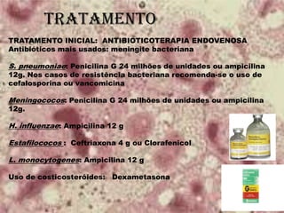 TRATAMENTO
TRATAMENTO INICIAL: ANTIBIOTICOTERAPIA ENDOVENOSA
Antibióticos mais usados: meningite bacteriana
S. pneumoniae: Penicilina G 24 milhões de unidades ou ampicilina
12g. Nos casos de resistência bacteriana recomenda-se o uso de
cefalosporina ou vancomicina
Meningococos: Penicilina G 24 milhões de unidades ou ampicilina
12g.
H. influenzae: Ampicilina 12 g
Estafilococos : Ceftriaxona 4 g ou Clorafenicol
L. monocytogenes: Ampicilina 12 g
Uso de costicosteróides: Dexametasona
 