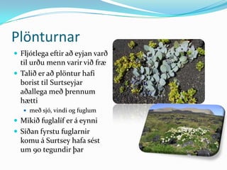 PlönturnarFljótlega eftir að eyjan varð til urðu menn varir við fræTalið er að plöntur hafi borist til Surtseyjar aðallega með þrennum hættimeð sjó, vindi og fuglum Mikið fuglalíf er á eynniSíðan fyrstu fuglarnir komu á Surtsey hafa sést um 90 tegundir þar
