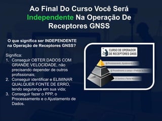 O que significa ser INDEPENDENTE
na Operação de Receptores GNSS?
Significa:
1. Conseguir OBTER DADOS COM
GRANDE VELOCIDADE, não
precisando depender de outros
profissionais;
2. Conseguir identificar e ELIMINAR
QUALQUER FONTE DE ERRO,
tendo segurança em sua vida;
3. Conseguir fazer o PPP, o
Processamento e o Ajustamento de
Dados.
Ao Final Do Curso Você Será
Independente Na Operação De
Receptores GNSS
 