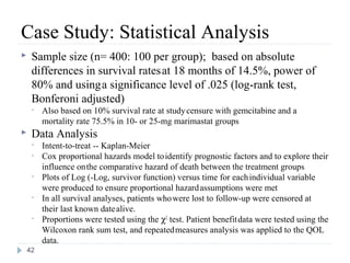 Case Study: Statistical Analysis
    Sample size (n= 400: 100 per group); based on absolute
     differences in survival rates at 18 months of 14.5%, power of
     80% and using a significance level of .025 (log-rank test,
     Bonferoni adjusted)
     •   Also based on 10% survival rate at study censure with gemcitabine and a
         mortality rate 75.5% in 10- or 25-mg marimastat groups
    Data Analysis
     •   Intent-to-treat -- Kaplan-Meier
     •   Cox proportional hazards model to identify prognostic factors and to explore their
         influence on the comparative hazard of death between the treatment groups
     •   Plots of Log (-Log, survivor function) versus time for each individual variable
         were produced to ensure proportional hazard assumptions were met
     •   In all survival analyses, patients who were lost to follow-up were censored at
         their last known date alive.
     •   Proportions were tested using the χ2 test. Patient benefit data were tested using the
         Wilcoxon rank sum test, and repeated measures analysis was applied to the QOL
         data.
    42
 