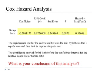 Cox Hazard Analysis
                         95% Conf.                               Hazard =
          Coefficient       (±)    Std.Error           P        Exp(Coef.)


 Group
 Surv     -0.5861172 0.6726008 0.343165             0.0876        0.55648


The significance test for the coefficient b1 tests the null hypothesis that it
equals zero and thus that its exponent equals one

The confidence interval for b1 is therefore the confidence interval for the
relative death rate or hazard ratio


What is your conclusion of this analysis?
30
 