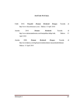 Kelompok 1 24
DAFTAR PUSTAKA
Fathil. 2010. Penyakit Demam Berdarah Dengue. Tersedia di
http://www.freeonlineusers.com/. Diakses 15 April 2010
Anonim. 2010. Demam Berdarah. Tersedia di
http://www.indonesiaindonesia.com/#menjadikan-hidup-baik. Diakses 15
April 2010
Anonim. 2008. Demam Berdarah Dengue. Tersedia di
http://en.wordpress.com/tag/keperawatankesehatan-masyarakatkebidanan/.
Diakses 15 April 2010
 