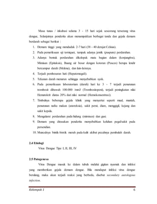 Kelompok 1 6
Masa tunas / inkubasi selama 3 - 15 hari sejak seseorang terserang virus
dengue, Selanjutnya penderita akan menampakkan berbagai tanda dan gejala demam
berdarah sebagai berikut :
1. Demam tinggi yang mendadak 2-7 hari (38 - 40 derajat Celsius).
2. Pada pemeriksaan uji torniquet, tampak adanya jentik (puspura) perdarahan.
3. Adanya bentuk perdarahan dikelopak mata bagian dalam (konjungtiva),
Mimisan (Epitaksis), Buang air besar dengan kotoran (Peaces) berupa lendir
bercampur darah (Melena), dan lain-lainnya.
4. Terjadi pembesaran hati (Hepatomegali).
5. Tekanan darah menurun sehingga menyebabkan syok.
6. Pada pemeriksaan laboratorium (darah) hari ke 3 - 7 terjadi penurunan
trombosit dibawah 100.000 /mm3 (Trombositopeni), terjadi peningkatan nilai
Hematokrit diatas 20% dari nilai normal (Hemokonsentrasi).
7. Timbulnya beberapa gejala klinik yang menyertai seperti mual, muntah,
penurunan nafsu makan (anoreksia), sakit perut, diare, menggigil, kejang dan
sakit kepala.
8. Mengalami perdarahan pada hidung (mimisan) dan gusi.
9. Demam yang dirasakan penderita menyebabkan keluhan pegal/sakit pada
persendian.
10. Munculnya bintik-bintik merah pada kulit akibat pecahnya pembuluh darah.
2.4 Etiologi
Virus Dengue Tipe I, II, III, IV
2.5 Patogenesa
Virus Dengue masuk ke dalam tubuh melalui gigitan nyamuk dan infeksi
yang memberikan gejala demam dengue. Bila mendapat infeksi virus dengue
berulang, maka akan terjadi reaksi yang berbeda, disebut secondary autologous
infection.
 