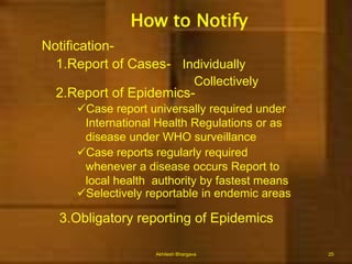 Sentinel surveillanceReporting of health events by selected Units/ Professionals representing a geographic areaCould be active  or PassiveOnly a small number of units selectedSelected units report all cases for a specific time periodReports include additional informationEasier to maintain Quality &  RegularityDenominator absentData collected are Not representative &			         	   NO generalizationAkhilesh Bhargava13