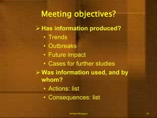 Systems of Disease surveillanceNotifiable disease reporting SystemMorbidityMortalityCase investigation  Epidemic reportingField investigationDrug and Biological useLaboratory based surveillance