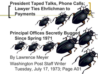 President Taped Talks, Phone Calls; Lawyer Ties Ehrlichman to Payments Principal Offices Secretly Bugged Since Spring 1971 By Lawrence Meyer Washington Post Staff Writer Tuesday, July 17, 1973; Page A01  