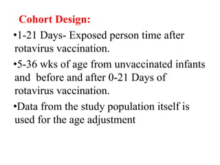 Cohort Design:
•1-21 Days- Exposed person time after
rotavirus vaccination.
•5-36 wks of age from unvaccinated infants
and before and after 0-21 Days of
rotavirus vaccination.
•Data from the study population itself is
used for the age adjustment
 