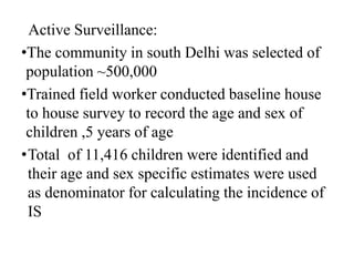 Active Surveillance:
•The community in south Delhi was selected of
population ~500,000
•Trained field worker conducted baseline house
to house survey to record the age and sex of
children ,5 years of age
•Total of 11,416 children were identified and
their age and sex specific estimates were used
as denominator for calculating the incidence of
IS
 