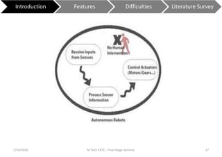 7/24/2016 M Tech EXTC - Final Stage Seminar 17
Introduction Features Difficulties Literature Survey
 