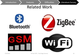 Related Work
7/24/2016 M Tech EXTC - Final Stage Seminar 26
Introduction Features Difficulties Literature Survey
 