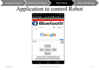 Application to control Robot
7/24/2016 M Tech EXTC - Final Stage Seminar 39
Proposed System System Description Work Done Work Remaining
 