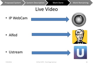 Live Video
• IP WebCam
• Alfed
• Ustream
7/24/2016 M Tech EXTC - Final Stage Seminar 40
Proposed System System Description Work Done Work Remaining
 
