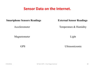 7/24/2016 M Tech EXTC - Final Stage Seminar 48
Sensor Data on the Internet.
Smartphone Sensors Readings External Sensor Readings
Accelerometer Temperature & Humidity
Magnetometer Light
GPS Ultrasonicsonic
 