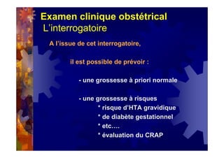 Examen clinique obstétrical
L’interrogatoire
A l’issue de cet interrogatoire,
il est possible de prévoir :
- une grossesse à priori normale
- une grossesse à risques
* risque d’HTA gravidique
* de diabète gestationnel
* etc….
* évaluation du CRAP
 