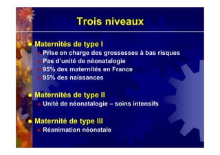 Trois niveaux
Maternités de type I
Prise en charge des grossesses à bas risques
Pas d’unité de néonatalogie
95% des maternités en France
95% des naissances
Maternités de type II
Unité de néonatalogie – soins intensifs
Maternité de type III
Réanimation néonatale
 