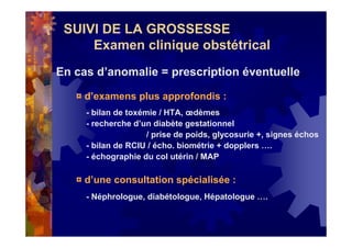 SUIVI DE LA GROSSESSE
Examen clinique obstétrical
En cas d’anomalie = prescription éventuelle
¤ d’examens plus approfondis :
- bilan de toxémie / HTA, œdèmes
- recherche d’un diabète gestationnel
/ prise de poids, glycosurie +, signes échos
- bilan de RCIU / écho. biométrie + dopplers ….
- échographie du col utérin / MAP
¤ d’une consultation spécialisée :
- Néphrologue, diabétologue, Hépatologue ….
 