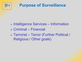 Purpose of Surveillance
 Intelligence Services – Information
 Criminal – Financial
 Terrorist – Terror (Further Political /
Religious / Other goals)
 