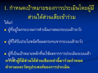 กำหนดเป้ำหมำยของกำรประเมินโดยผู้มี
ส่วนได้ส่วนเสียเข้ำร่วม
ได้แก่
 ผู้ที่อยู่ในกระบวนกำรดำเนินงำนของระบบเฝ้ำระวัง
 ผู้ที่ได้รับประโยชน์หรือผลกระทบจำกระบบเฝ้ำระวัง
 ผู้ที่เป็นเป้ำหมำยหลักที่จะใช้ผลจำกกำรประเมินระบบเฝ้ำ
ระวัง
ควรนาผู้ที่มีส่วนได้ส่วนเสียเหล่านี้มาร่วมกาหนด
คาถามและวัตถุประสงค์ของการประเมิน
 