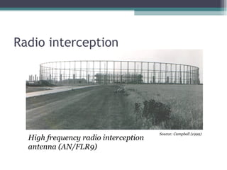Radio interception




                                      Source: Campbell (1999)
  High frequency radio interception
  antenna (AN/FLR9)
 