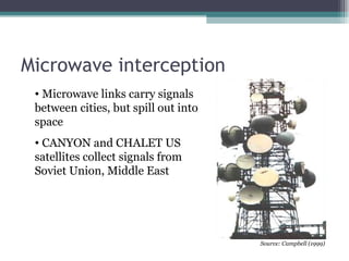 Microwave interception
 • Microwave links carry signals
 between cities, but spill out into
 space
 • CANYON and CHALET US
 satellites collect signals from
 Soviet Union, Middle East




                                      Source: Campbell (1999)
 
