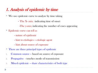 1. Analysis of epidemic by time
10/09/2024
64
 We use epidemic curve to analyze by time taking
- The X- axis; indicating time of onset
-The y-axis; indicating the number of cases appearing
 Epidemic curve can tell as
- nature of epidemic
- hint to etiologies – etiologic agent
- hint about source of exposure
 There are three principal types of epidemic
1. Common source – based on source of exposure
2. Propagative - touches mode of transmission
3. Mixed epidemic – share characteristics of both type
 