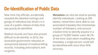 De-Identification of Public Data
Metadata can also be used to quickly
identify individuals. Looking at 200
tweets, researchers were able to use
associated metadata like timestamps,
number of followers, and account
creation time to identify anyone in a
group of 10,000 Twitter users 96.7%
of the time. Even when muddling the
metadata, a single person could still
be identified with more than 95%
accuracy.
New York City officials, accidentally
revealed the detailed comings and
goings of individual taxi drivers in a
case of a public release of data that
was poorly de-identified.
Medical records are have also proven
difficult to de-identify. In 2016, the
Australian government released an
anonymized dataset of medical billing
records, including prescriptions and
surgeries.
 