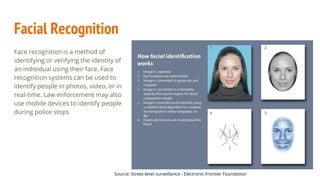 Facial Recognition
Source: Street-level surveillance - Electronic Frontier Foundation
Face recognition is a method of
identifying or verifying the identity of
an individual using their face. Face
recognition systems can be used to
identify people in photos, video, or in
real-time. Law enforcement may also
use mobile devices to identify people
during police stops
 