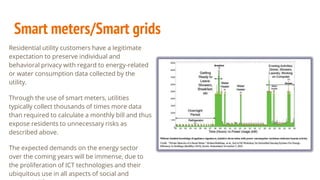 Smart meters/Smart grids
Residential utility customers have a legitimate
expectation to preserve individual and
behavioral privacy with regard to energy-related
or water consumption data collected by the
utility.
Through the use of smart meters, utilities
typically collect thousands of times more data
than required to calculate a monthly bill and thus
expose residents to unnecessary risks as
described above.
The expected demands on the energy sector
over the coming years will be immense, due to
the proliferation of ICT technologies and their
ubiquitous use in all aspects of social and
 