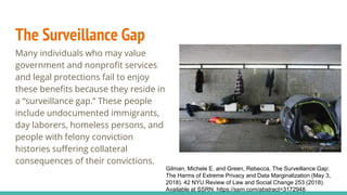 The Surveillance Gap
Many individuals who may value
government and nonprofit services
and legal protections fail to enjoy
these benefits because they reside in
a “surveillance gap.” These people
include undocumented immigrants,
day laborers, homeless persons, and
people with felony conviction
histories suffering collateral
consequences of their convictions.
Gilman, Michele E. and Green, Rebecca, The Surveillance Gap:
The Harms of Extreme Privacy and Data Marginalization (May 3,
2018). 42 NYU Review of Law and Social Change 253 (2018).
Available at SSRN: https://ssrn.com/abstract=3172948
 