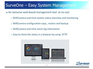 SurveOne – Easy System Management
 An exclusive web-based management tool at no cost
 NVR/camera real-time system status overview and monitoring
 NVR/camera configuration copy , restore and backup
 NVR/camera real-time event log information
 Easy to check the status in a browser by using HTTP
13
 