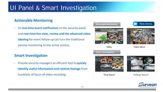 Actionable Monitoring
• Its real-time event notification on the security panel
and real-time live view, review and the advanced video
labeling for event follow-up can turn the traditional
passive monitoring to the active actions.
Smart Investigation
• Provide security managers an efficient tool to quickly
identify useful information and relative footage from
hundreds of hours of video recording.
17
UI Panel & Smart Investigation
 