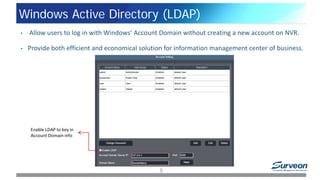 Windows Active Directory (LDAP)
5
• Allow users to log in with Windows’ Account Domain without creating a new account on NVR.
• Provide both efficient and economical solution for information management center of business.
Enable LDAP to key in
Account Domain info
 